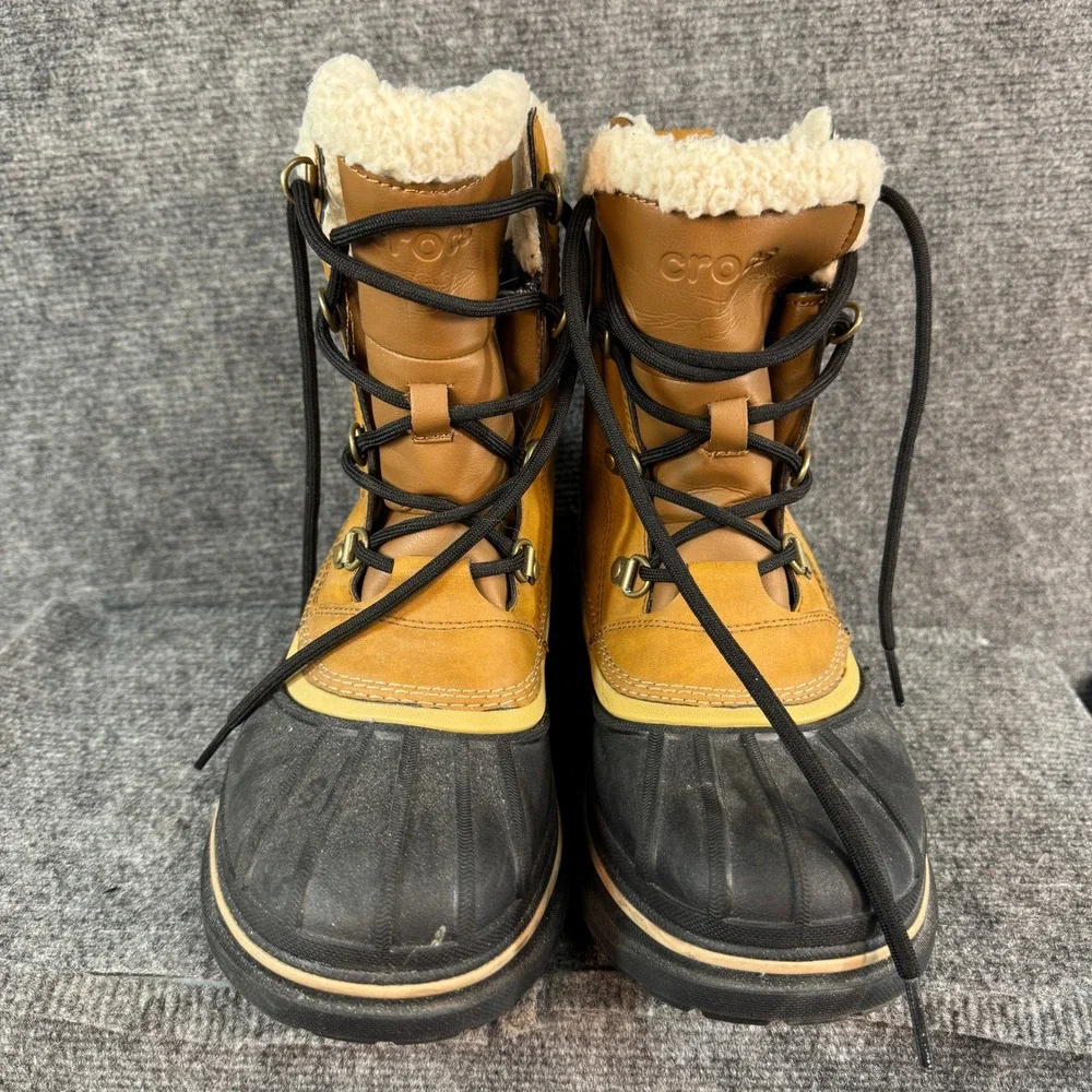 Crocs AllCast Luxe Duck Boots Waterproof Tan Black Faux Shearling Lined Mens 8